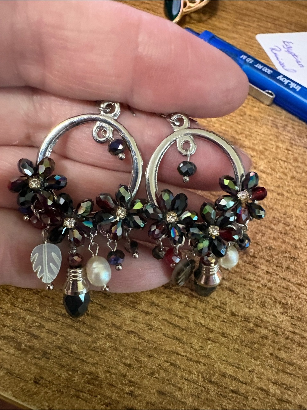E408 Gorgeous  Iridescent Floral Hoop Earrings with Pearl & Leaf Charms